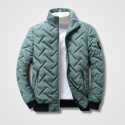 Grüne Steppjacke für Herren, Reißverschluss, Stehkragen, Wintermode, warm, stylisch.