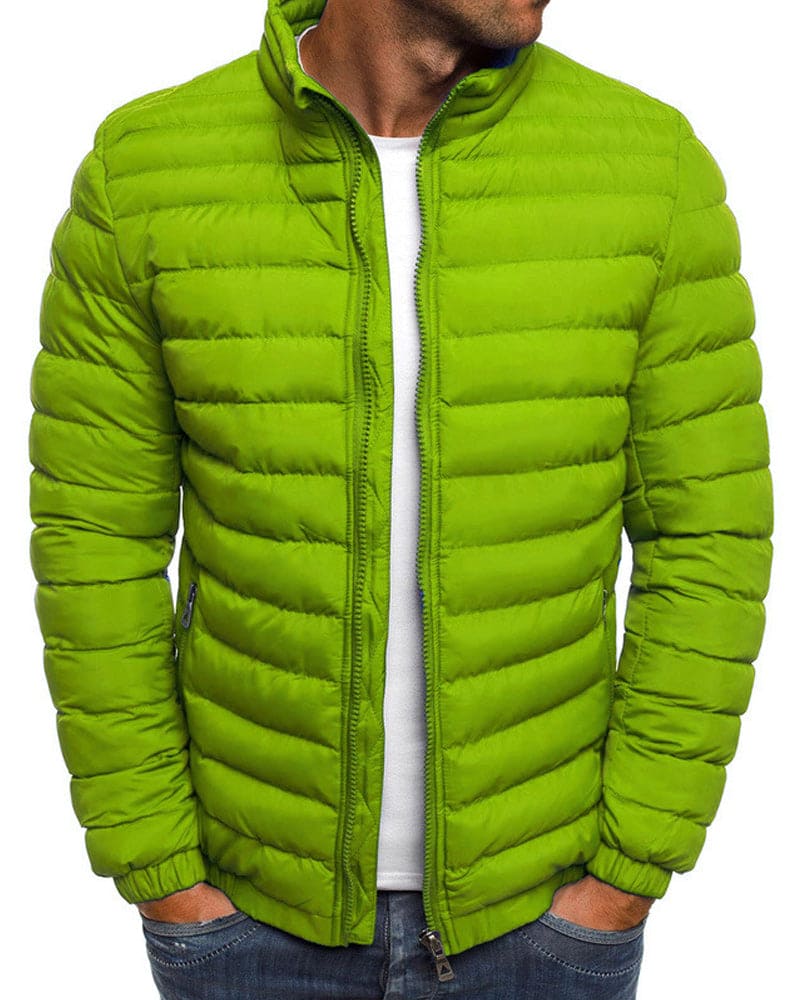 Grüne Herren-Daunenjacke, Stehkragen, Reißverschluss, Wintermode, warm, stylisch.