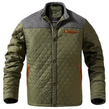 Grüne Steppjacke Herren, kariertes Innenfutter, gesteppte Ärmel, modisch, warm, Herbstmode.