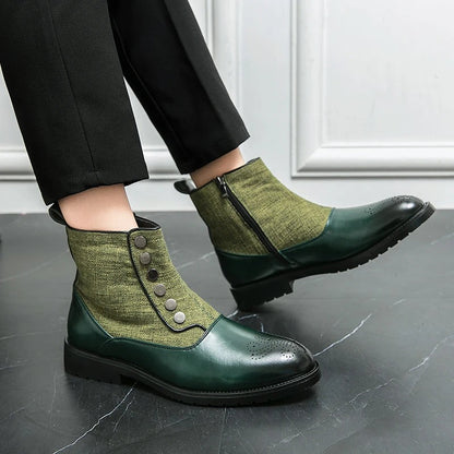 Grüne Herrenstiefeletten aus Leder und Stoff mit Knöpfen, elegantes Design, schwarze Sohle.