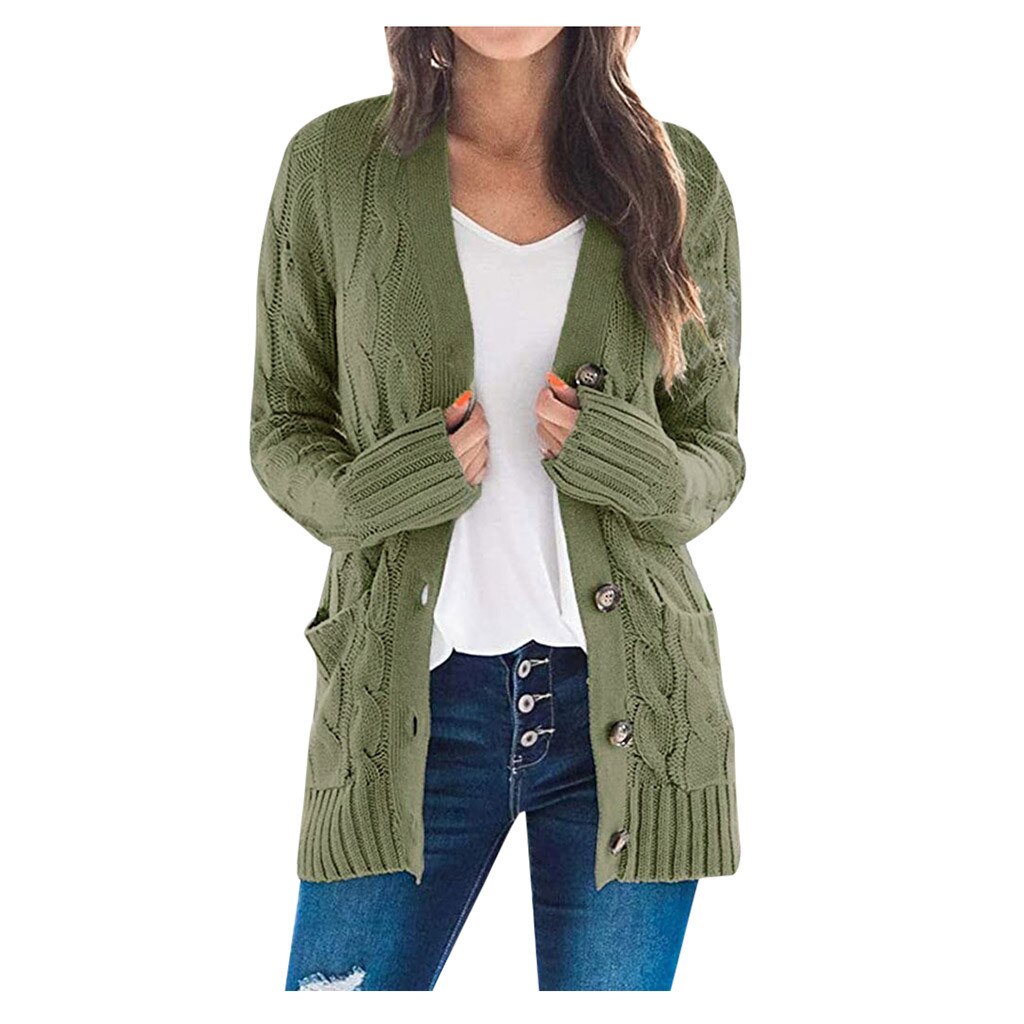 Damen Strickjacke grün, Zopfmuster, Knöpfe, lässig, Herbstmode, Baumwolle, Langarm.