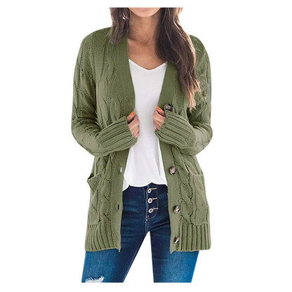 Damen Strickjacke grün, Zopfmuster, Knöpfe, lässig, Herbstmode, Baumwolle, Langarm.