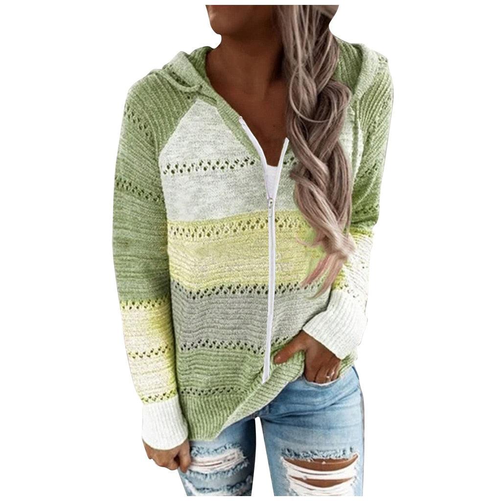 Damen Strickjacke mit Kapuze, grün gestreift, Reißverschluss, lässig, modisch, bequem.