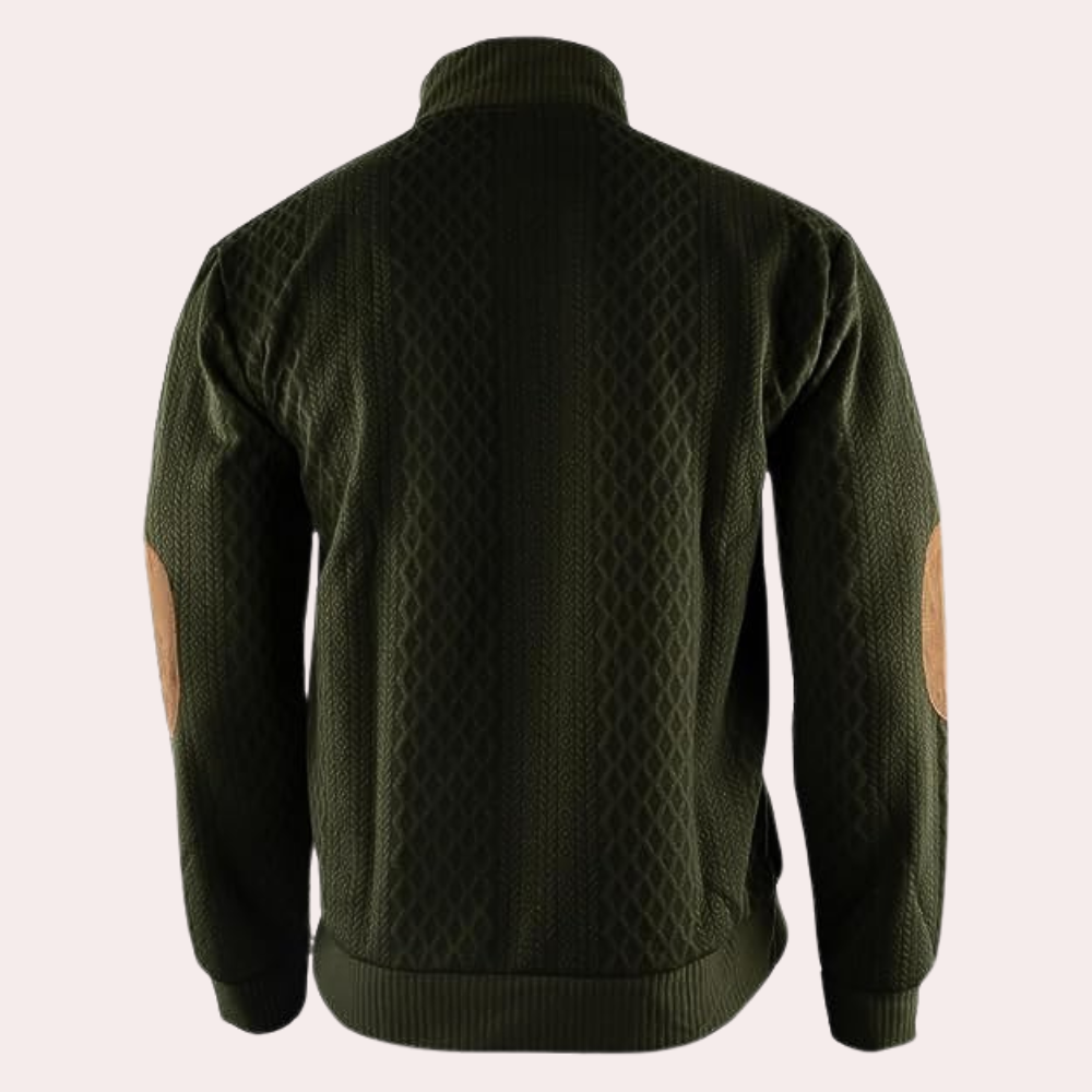 Grüne Strickjacke mit Ellbogen-Patches, Herrenmode, Baumwolle, Rückansicht, stilvoll, warm.
