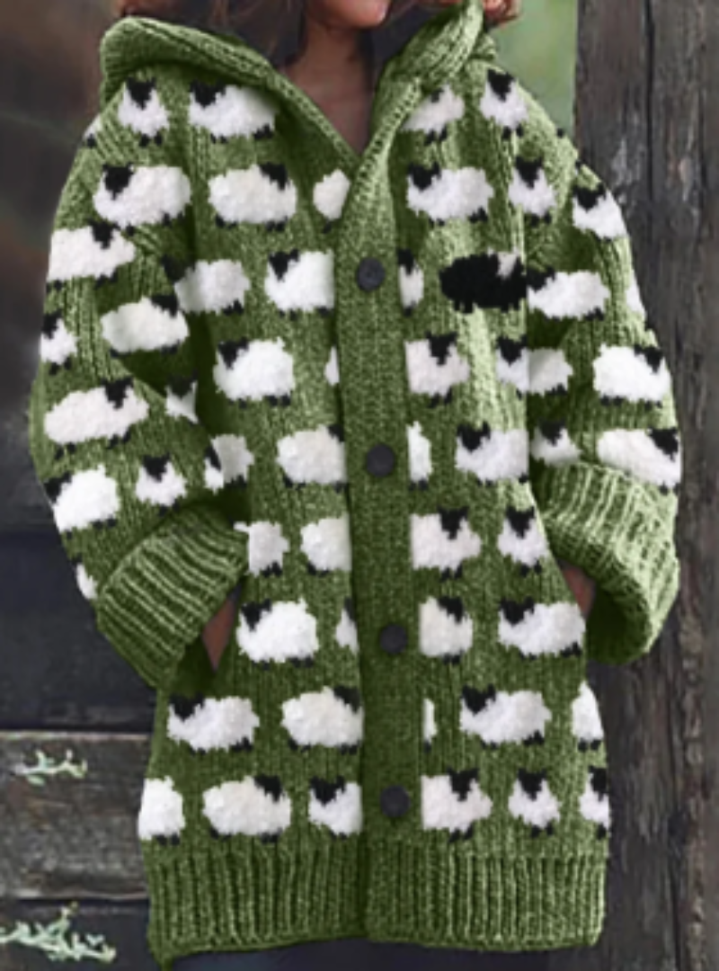 Grüner Strickmantel mit Schafmuster, Kapuze und Knöpfen, Damenmode, gemütlich, warm.
