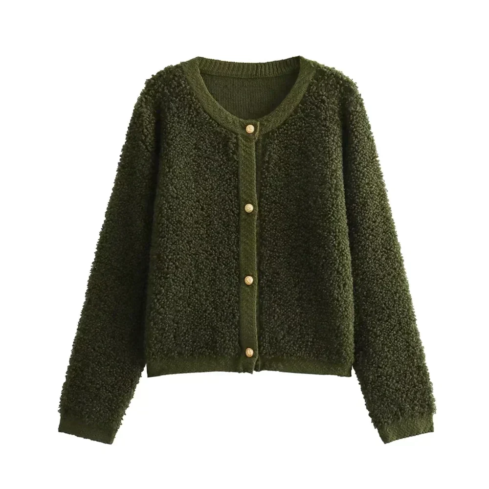 Grüne Damen-Strickjacke aus Fleece mit Knöpfen, kuschelig und warm, modisch und bequem.