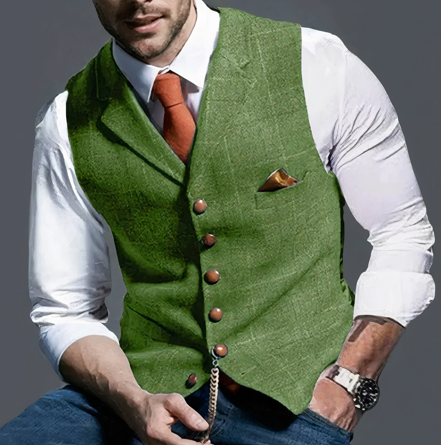 Mann in grünem Trachtenweste, weißem Hemd, orangefarbener Krawatte, eleganter Look.