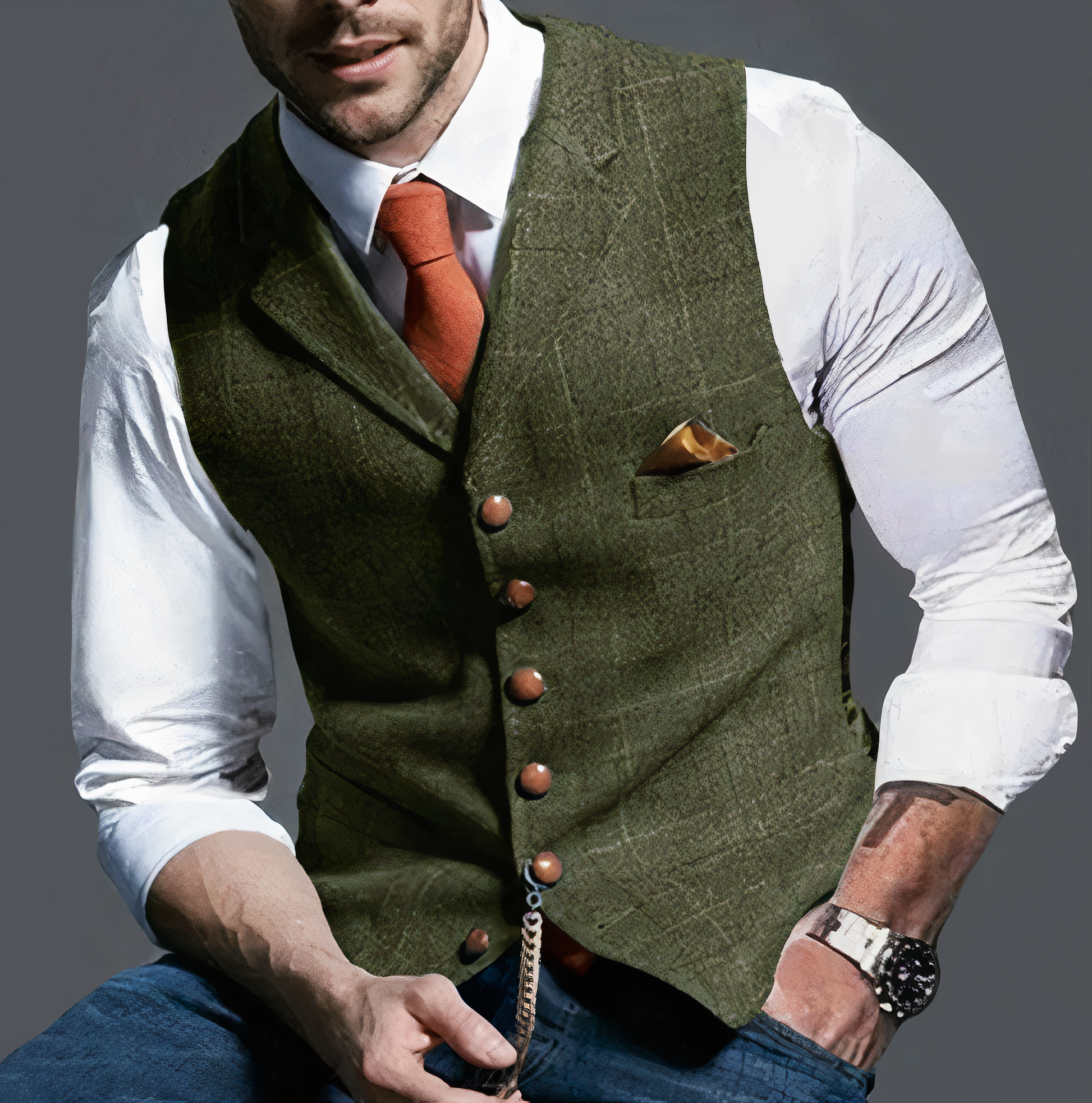 Mann in grünem Tweed-Weste, weißem Hemd, orangefarbener Krawatte, Armbanduhr, eleganter Look.