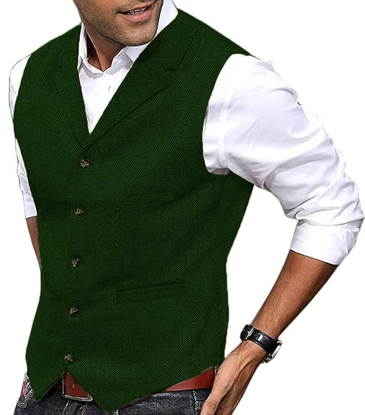 Mann in grüner Tweed-Weste, weißem Hemd; elegante Herrenmode, Freizeitkleidung.
