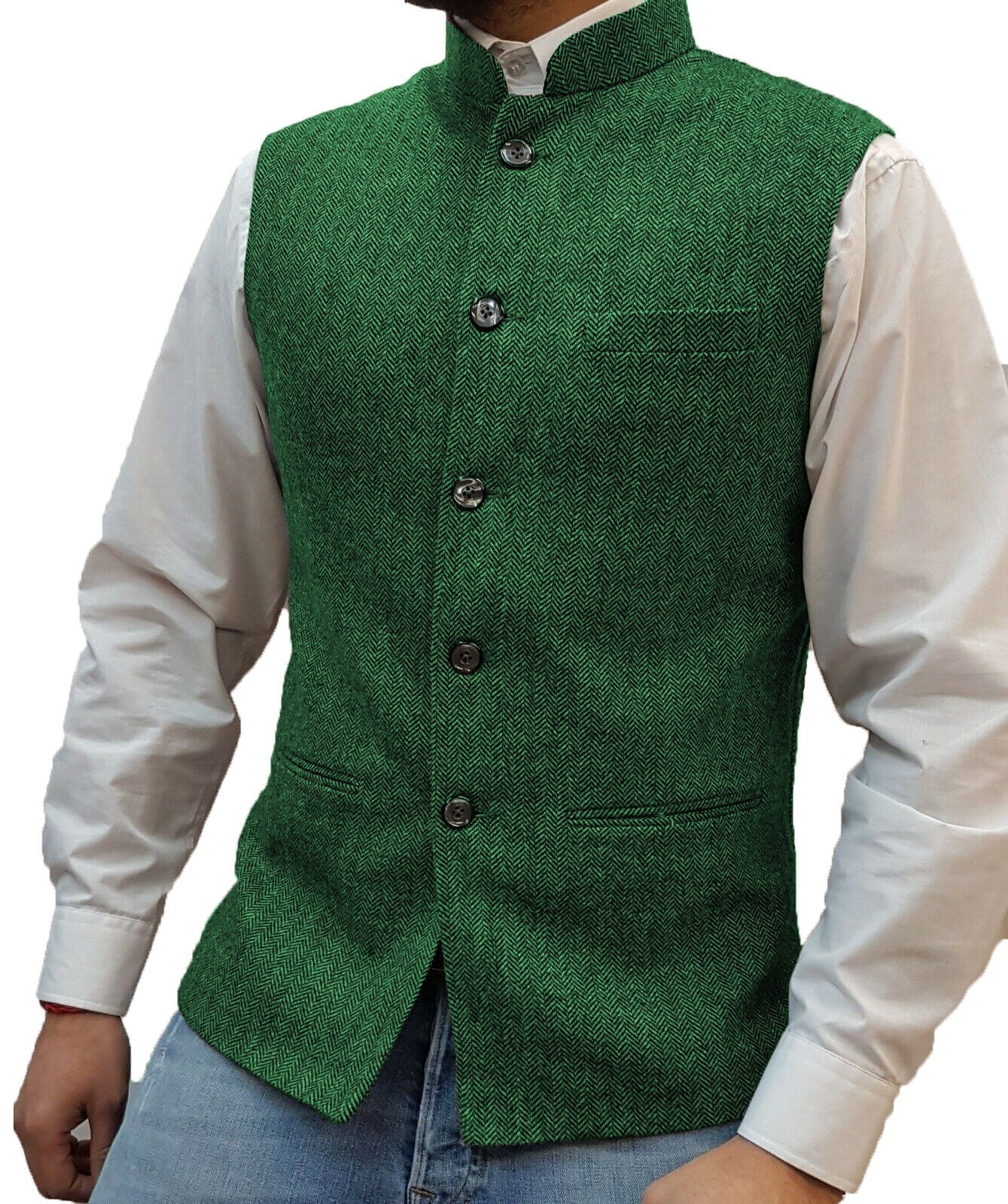 Grüne Herrenweste aus Tweed, Stehkragen, Knopfleiste, elegantes Design, Freizeitmode.