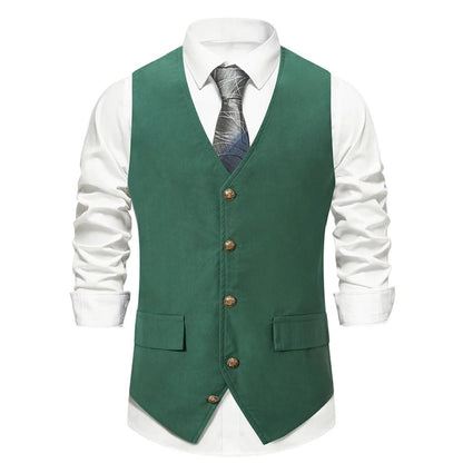 Grüne Herrenweste mit Knöpfen, weißes Hemd, Krawatte, elegantes Herrenmode-Outfit.