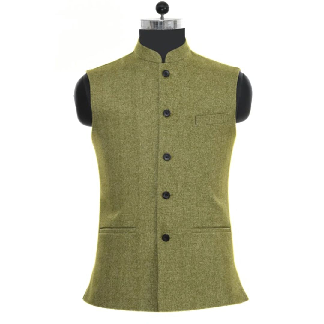Grüne Herrenweste, Stehkragen, Knopfleiste, elegantes Design, Wollstoff, formelle Kleidung