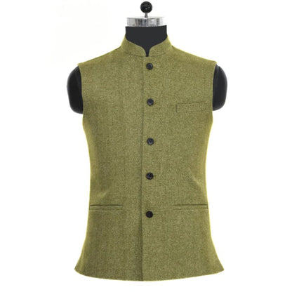 Grüne Herrenweste, Stehkragen, Knopfleiste, elegantes Design, Wollstoff, formelle Kleidung