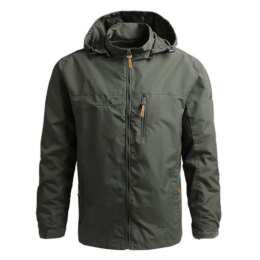 Grüne Herren-Windjacke mit Kapuze, Reißverschluss und Taschen, Outdoor-Bekleidung.