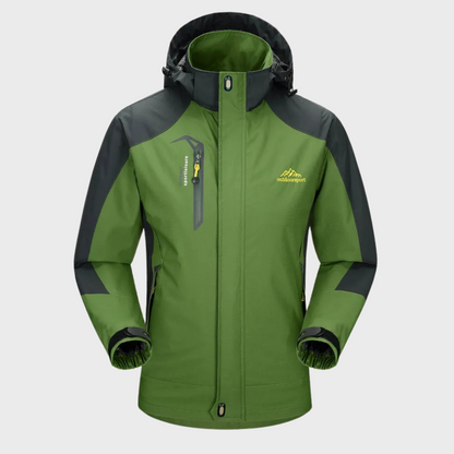 Grüne Outdoor-Jacke mit Kapuze, wasserdicht, winddicht, für Herren, Armeegrün, funktional.