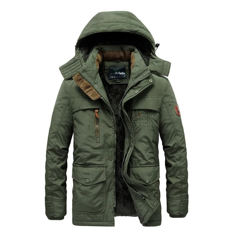 Grüne Herren-Winterjacke mit Kapuze, warm gefüttert, Outdoor, wasserabweisend, modisch.
