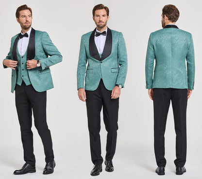 Mann im eleganten, grünen Smoking mit schwarzem Revers und Fliege, Vorder- und Rückansicht.
