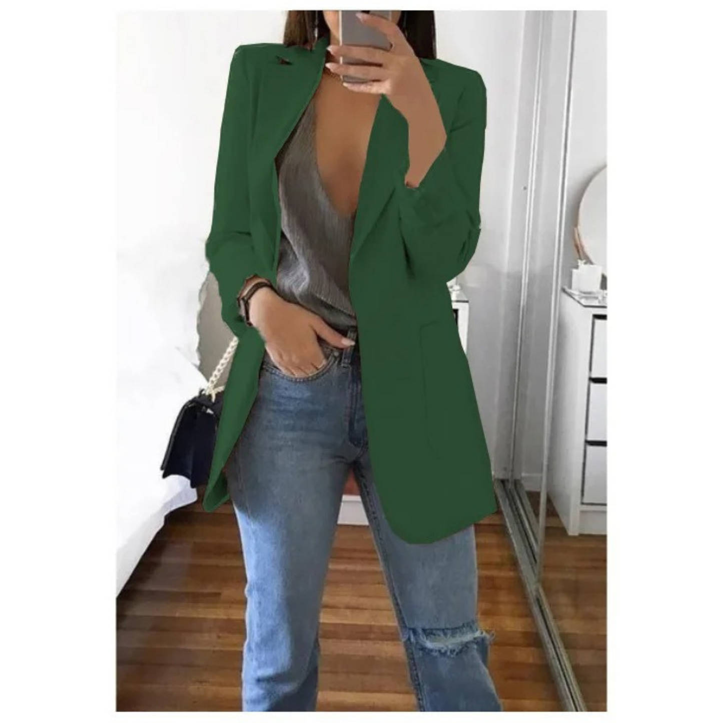 Damenblazer lang grün, elegant, modisch, ideal für Büro und Freizeit, Herbstmode.