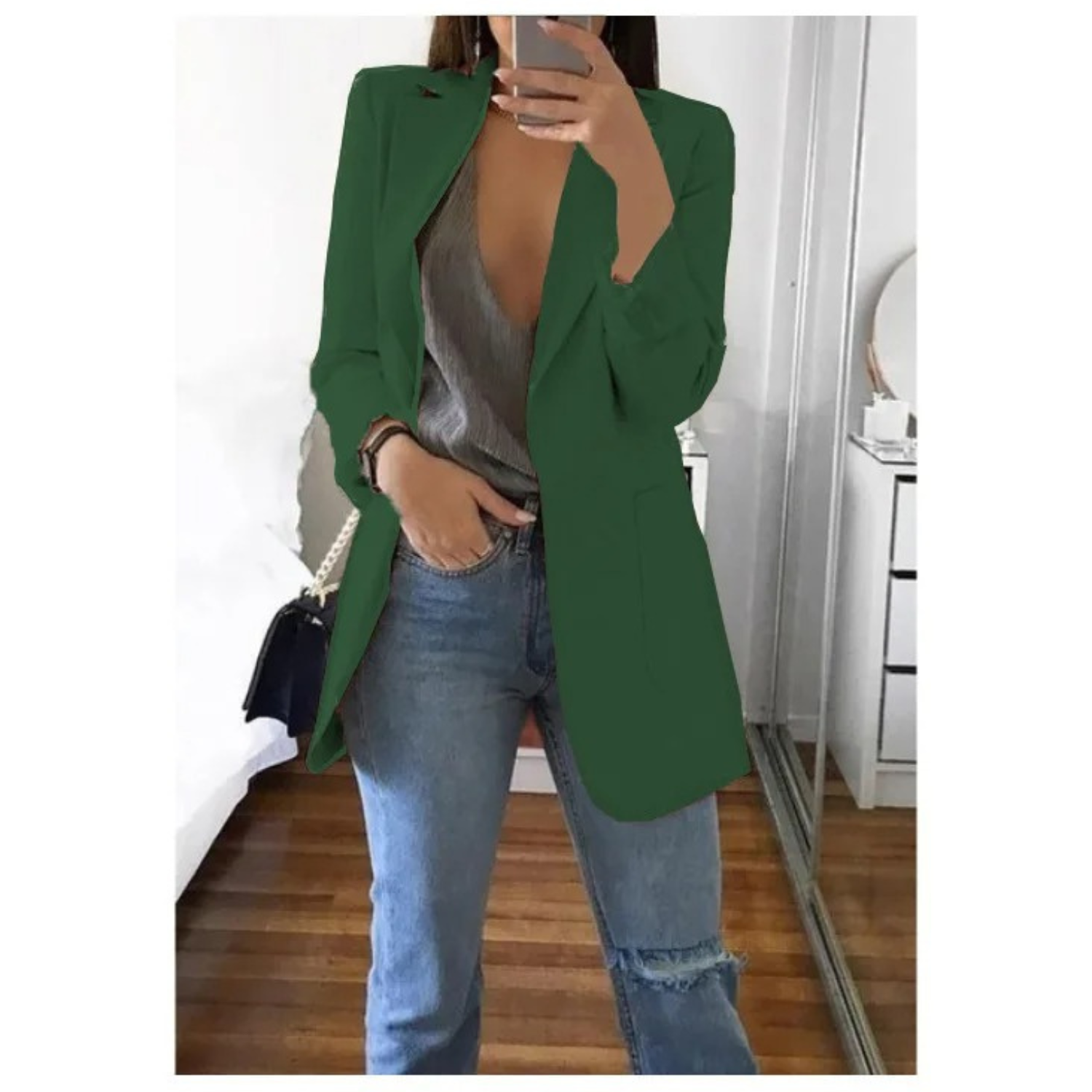 Damenblazer lang grün, elegant, modisch, ideal für Büro und Freizeit, Herbstmode.