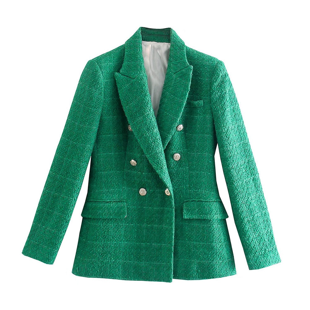 Grüner Damenblazer, Tweed, zweireihig, modisch, elegant, mit Knöpfen, für Büro und Freizeit.