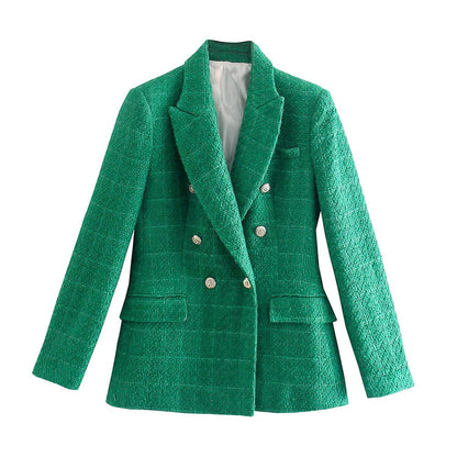 Grüner Damenblazer, Tweed, zweireihig, modisch, elegant, mit Knöpfen, für Büro und Freizeit.