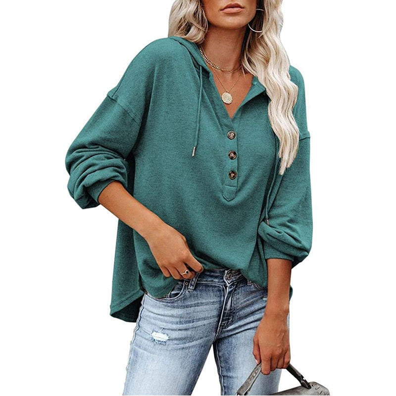 Damenpullover grün, Kapuze, Knopfleiste, lässig, Herbstmode, Baumwolle, Langarm, Streetwear