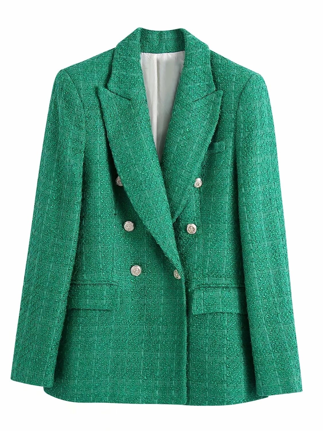 Grüner Damenblazer mit doppelter Knopfleiste, elegantes Design, Businessmode.