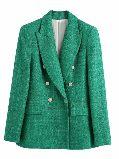 Grüner Damenblazer mit doppelter Knopfleiste, elegantes Design, Businessmode.