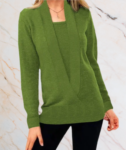 Grüner Damenpullover, V-Ausschnitt, langärmelig, Strick, elegant, Herbstmode.