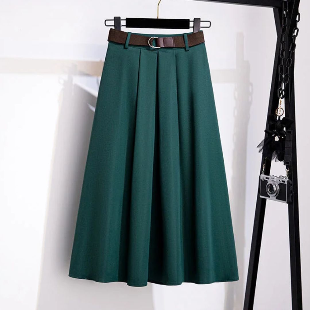 Grüner Damen-Midirock mit Gürtel, elegantes Design, Faltenrock, modische Damenbekleidung.