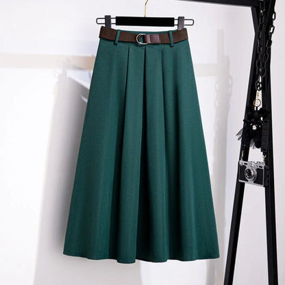 Grüner Damen-Midirock mit Gürtel, elegantes Design, Faltenrock, modische Damenbekleidung.