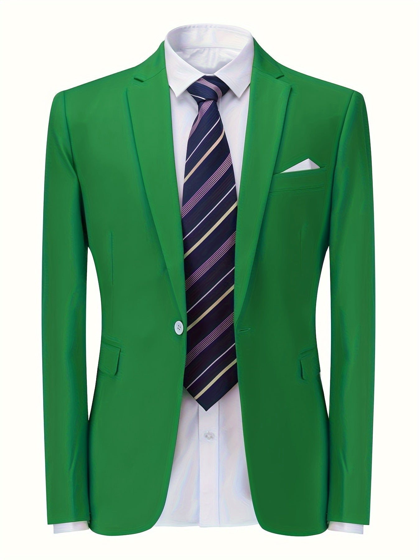 Grüner Herrenanzug mit weißem Hemd und gestreifter Krawatte, elegantes Business-Outfit.