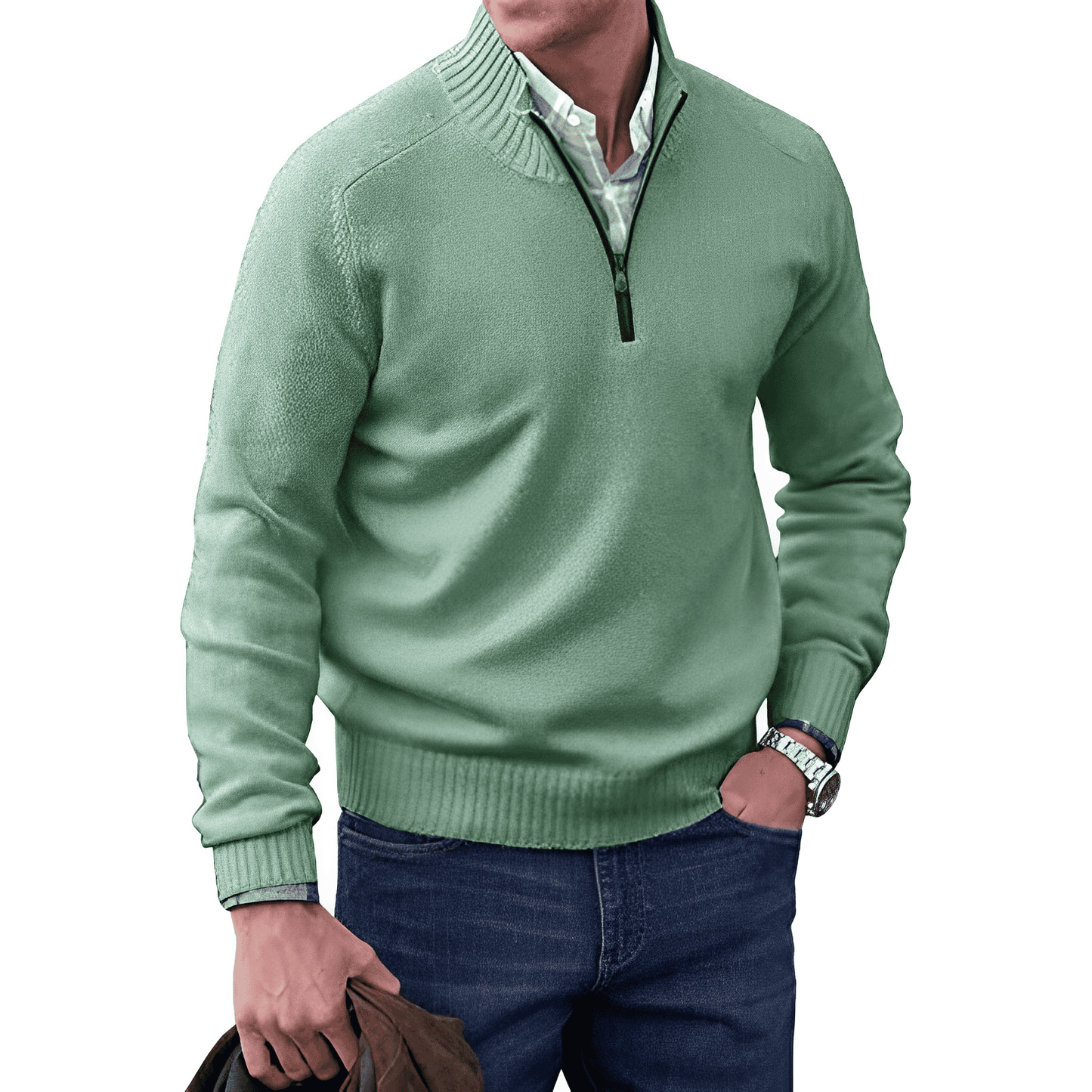 Grüner Herrenpullover mit Reißverschluss, Baumwolle, lässig, modisch, Herbstmode, Herrenbekleidung.