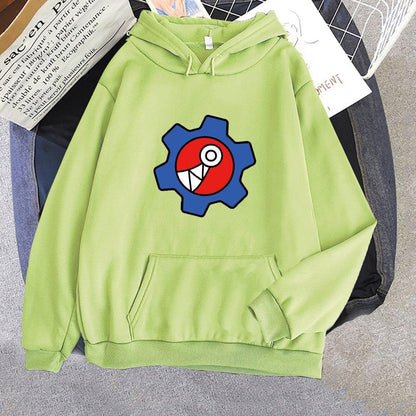 Grüner Kapuzenpullover mit Zahnrad-Design, Baumwolle, Unisex, modisch, bequem.