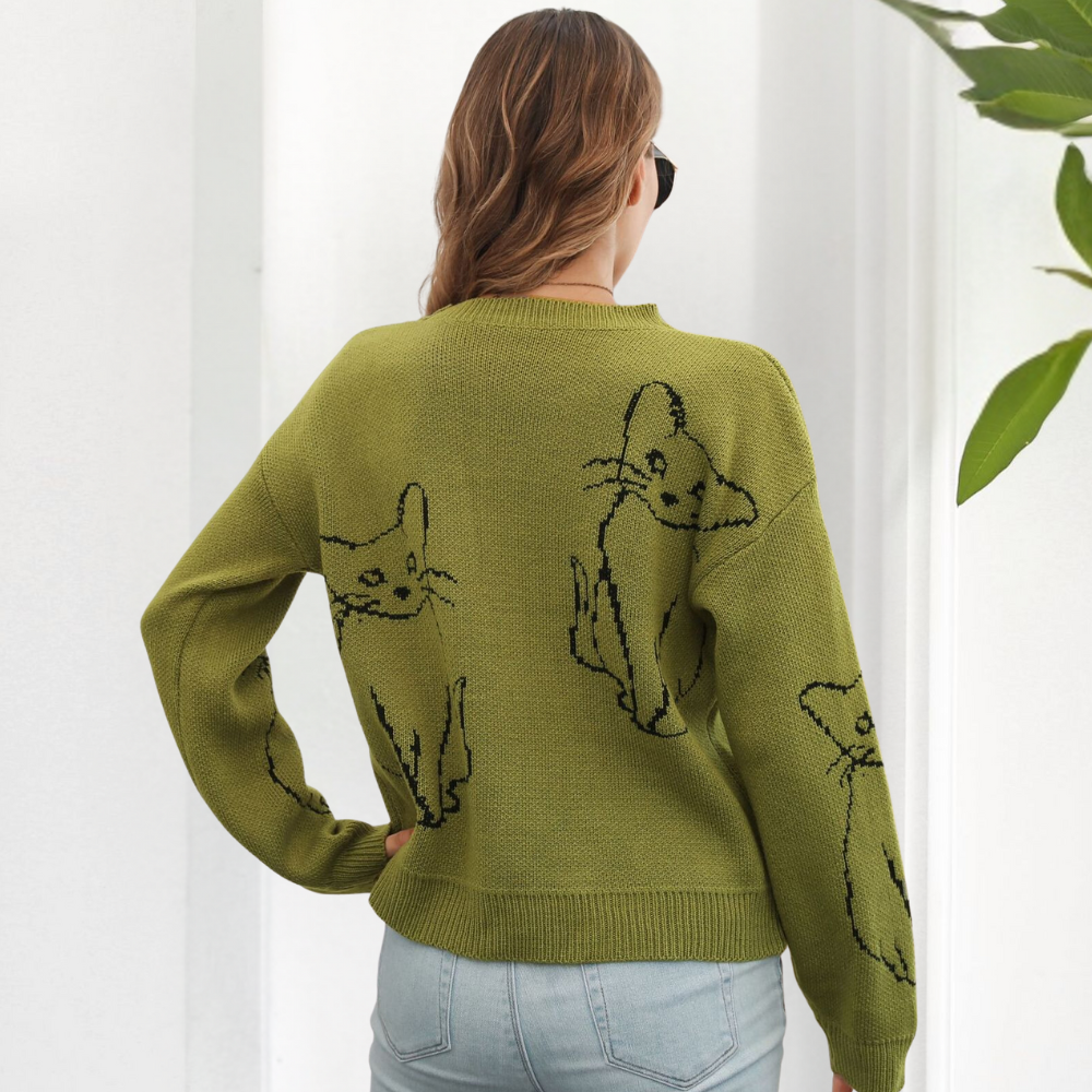 Grüner Damenpullover mit Katzenmotiv, Strick, lässig, modisch, Rückansicht, Herbstmode.