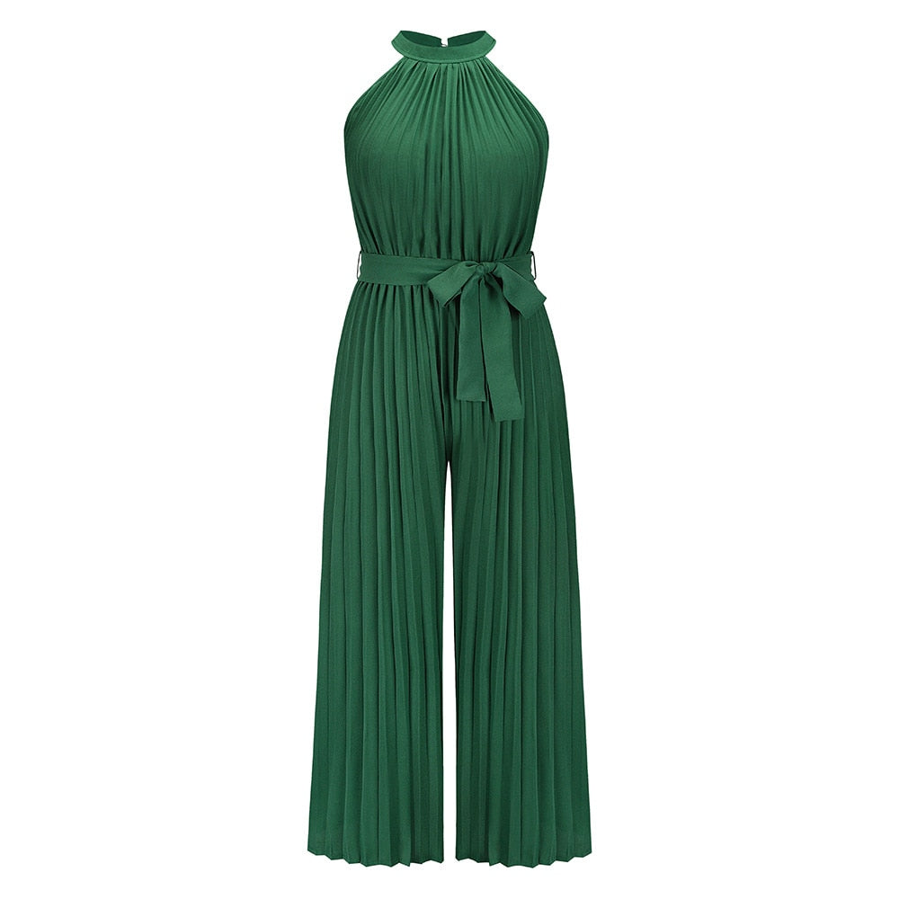 Grüner Damen Jumpsuit, ärmellos, plissiert, mit Gürtel, elegantes Design, Sommermode.