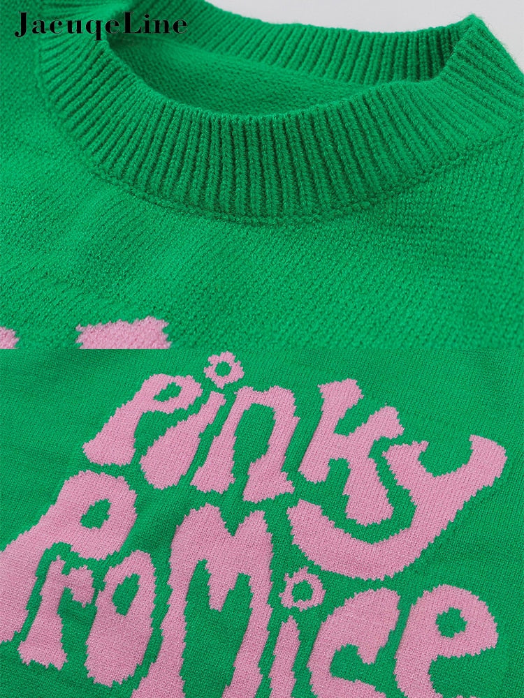 Grüner Strickpullover mit rosa "Pinky Promise"-Schriftzug, Baumwolle, Damenmode.