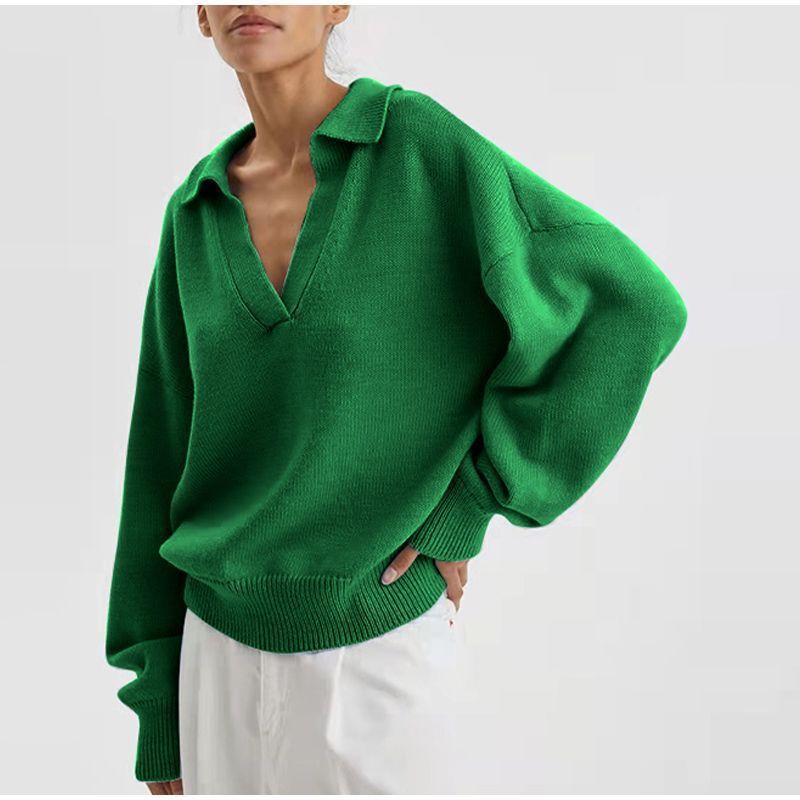 Grüner Damenpullover mit V-Ausschnitt, langärmelig, aus Baumwolle, modisch, bequem.