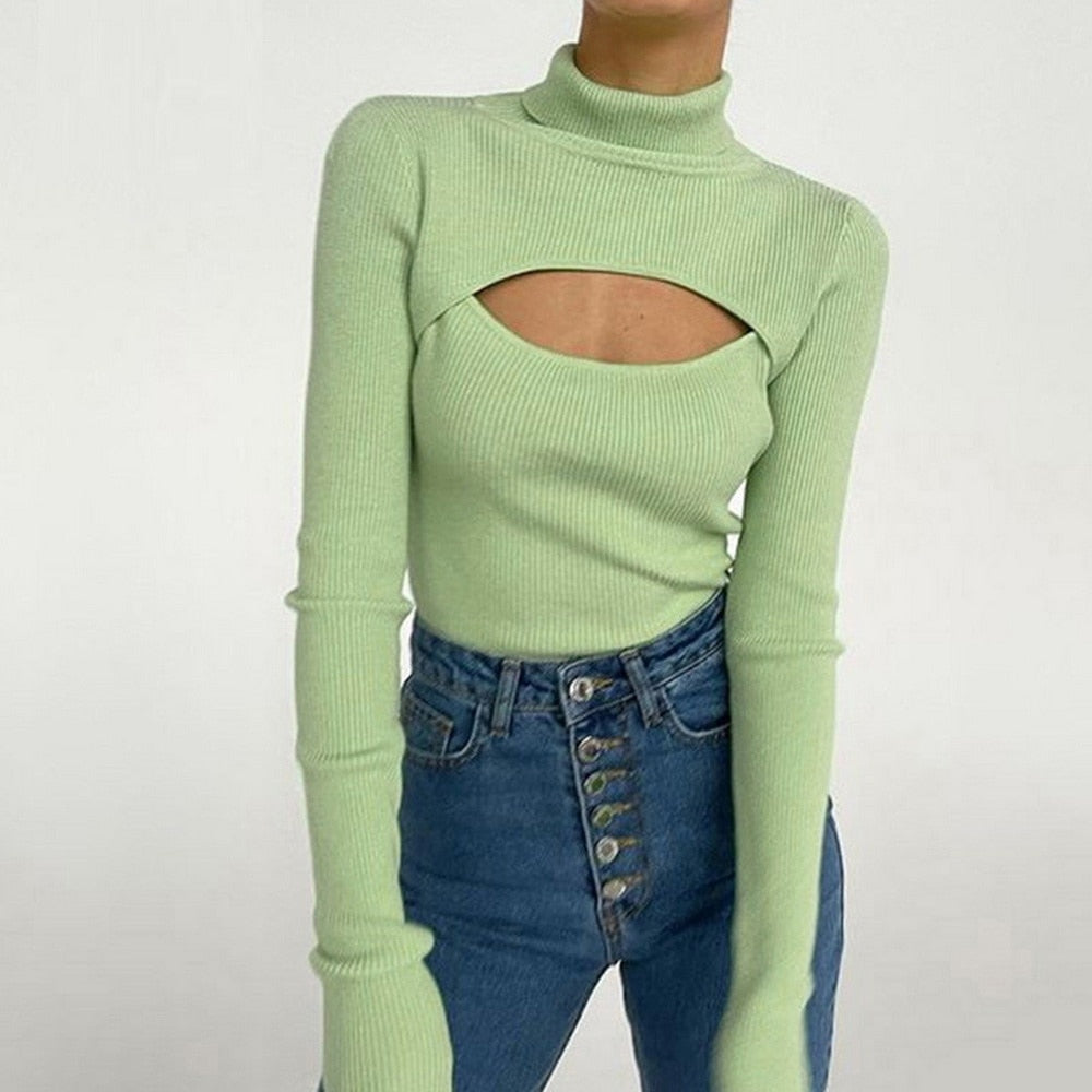 Damen Pullover, hellgrün, Rollkragen, Cut-Out-Design, langärmelig, modisch, elegant.