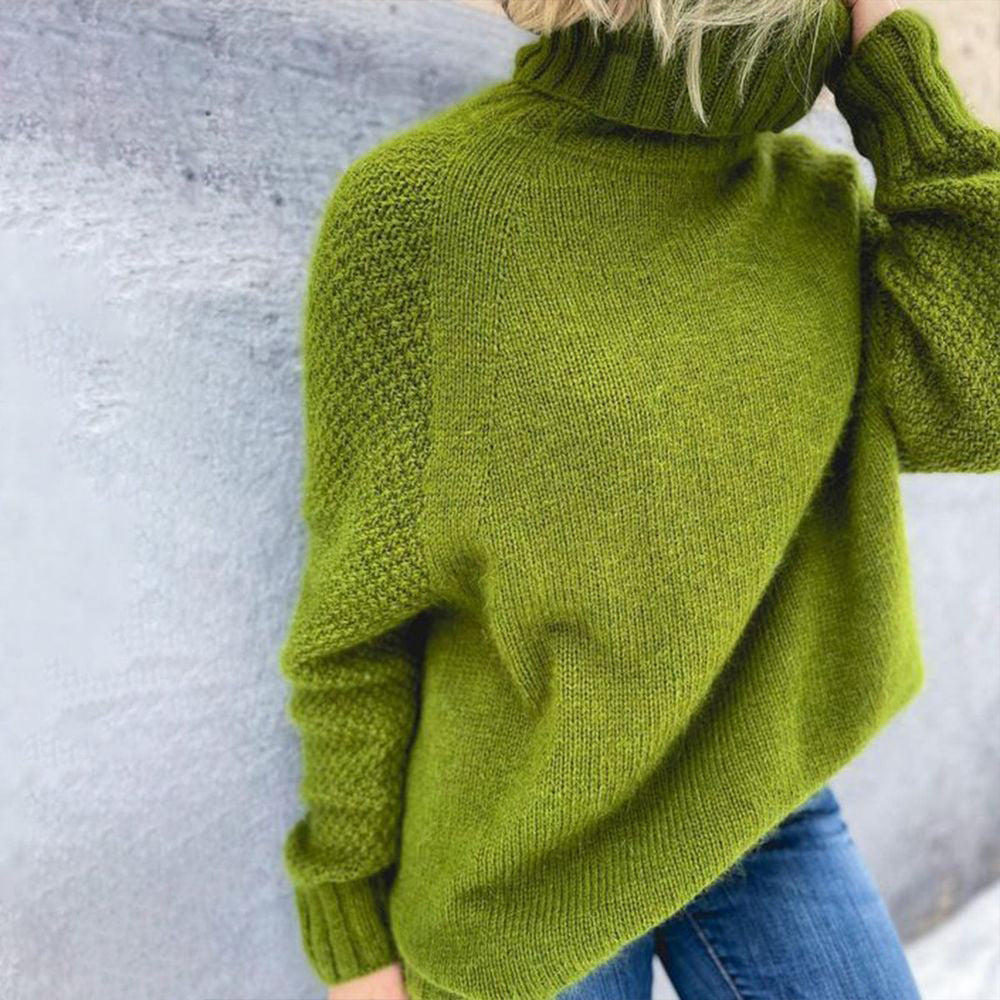 Grüner Rollkragenpullover Damen, Strick, warm, modisch, Herbstmode, gemütlich, lässig.