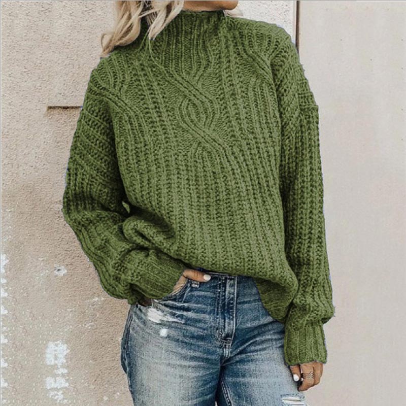 Grüner Strickpullover Damen, Zopfmuster, Rollkragen, lässig, Herbstmode, gemütlich.