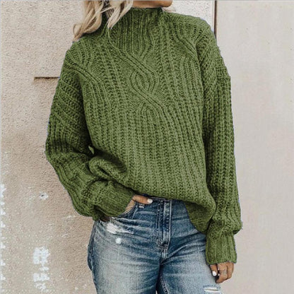 Grüner Strickpullover Damen, Zopfmuster, Rollkragen, lässig, Herbstmode, gemütlich.