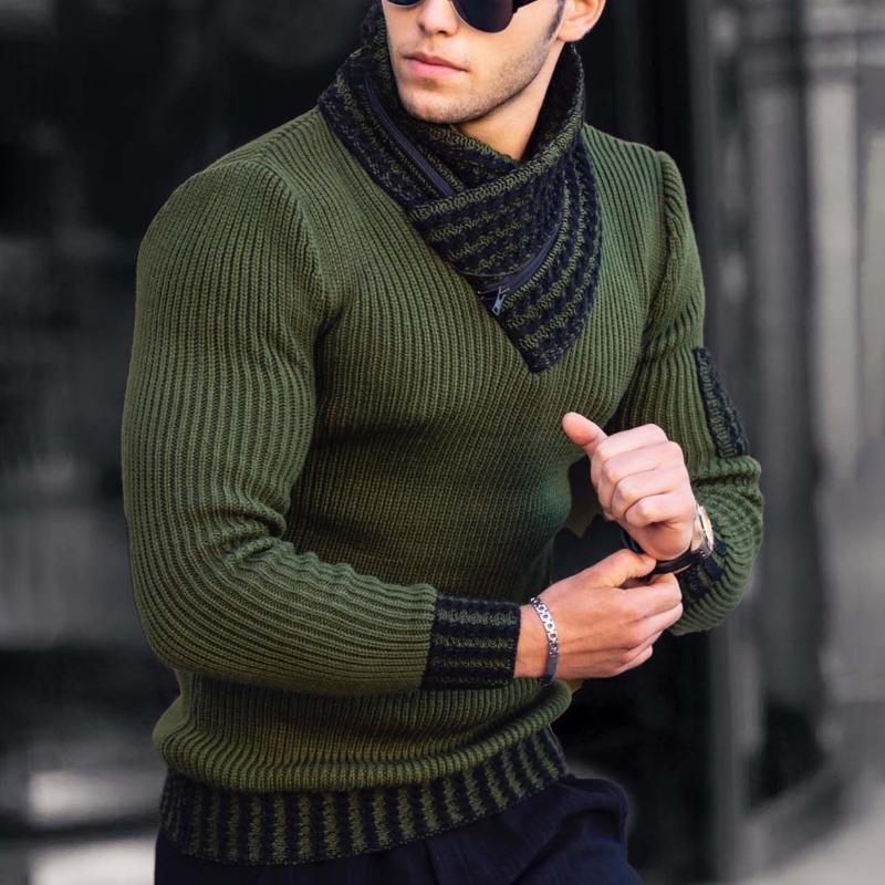 Mann in olivgrünem Strickpullover mit schwarzem Kragen, modisch, Herbstmode, Herrenbekleidung.
