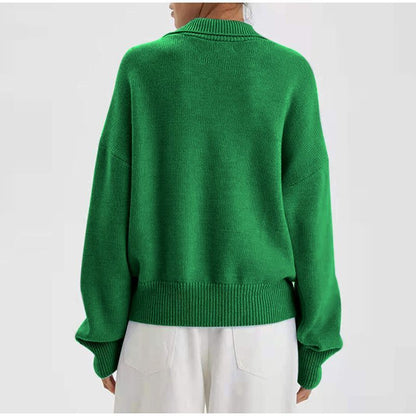 Grüner Damenpullover aus Strick, langärmelig, lässiger Stil, Rückansicht.