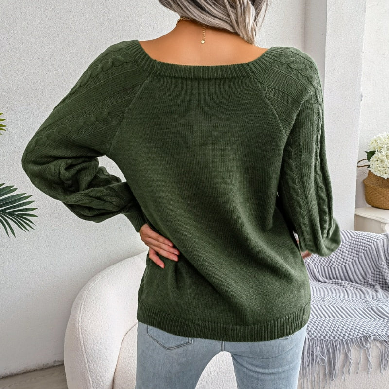 Grüner Damenpullover aus Strick, langärmelig, lässig, Herbstmode, Rückansicht.