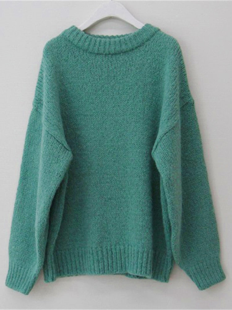 Grüner Damenpullover aus Wolle, langärmelig, Strick, gemütlich, modisch, Herbstmode.