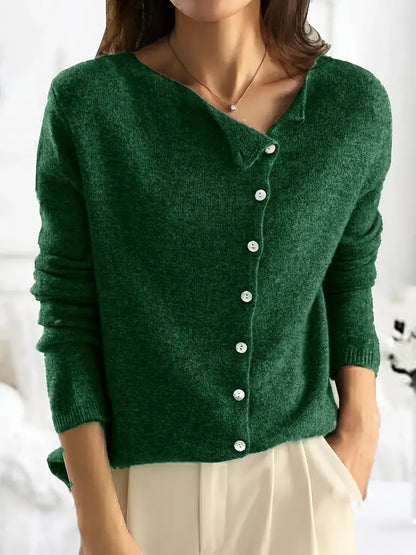 Grüner Damen-Cardigan aus Wolle mit Knopfleiste, eleganter Herbst-Look, gemütlich und stilvoll.
