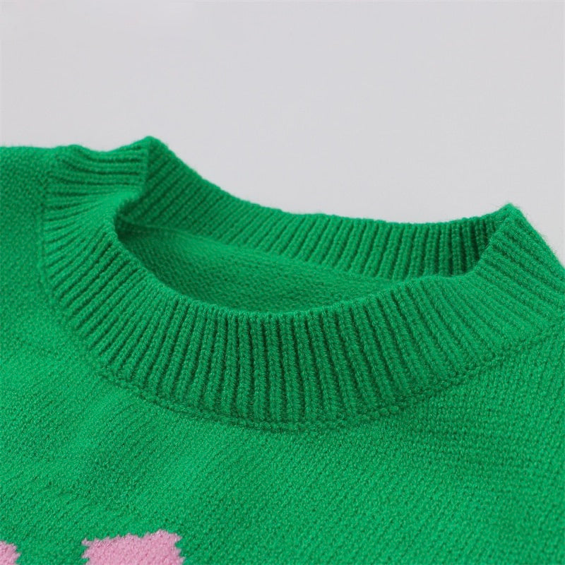 Grüner Strickpullover mit Rundhalsausschnitt, weiches Material, modisches Design.