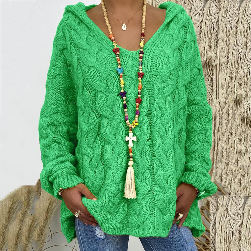Grüner Strickpullover Damen, Zopfmuster, Kapuze, lässig, Herbstmode, Baumwolle, Boho-Stil.