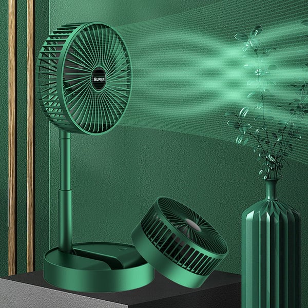 Grüner Tischventilator, verstellbar, leise, modernes Design, ideal für Büro oder Zuhause.